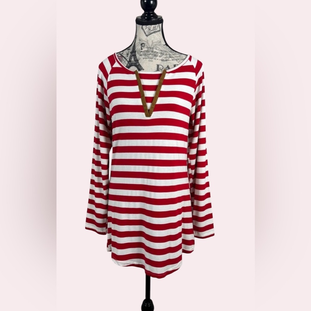 E2 Clothing Chic Red and White Striped Long Sleeve with elbow patches Top Size M